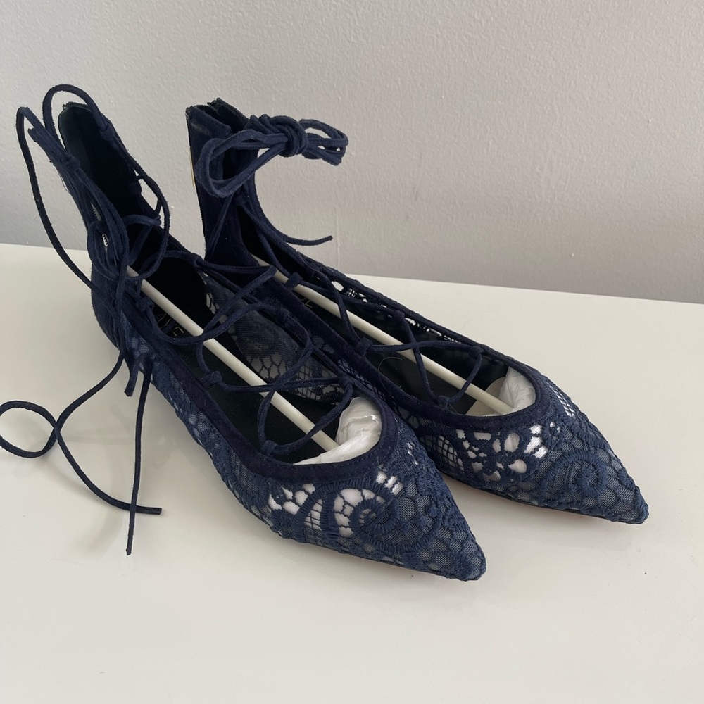 REVOLVE Navy Lace Up Pointed Ballet Flats
